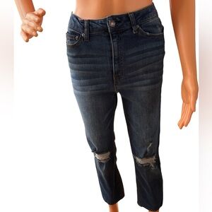 Women's Mid-Rise straight leg Jeans in Dark Blue with Knee Distress